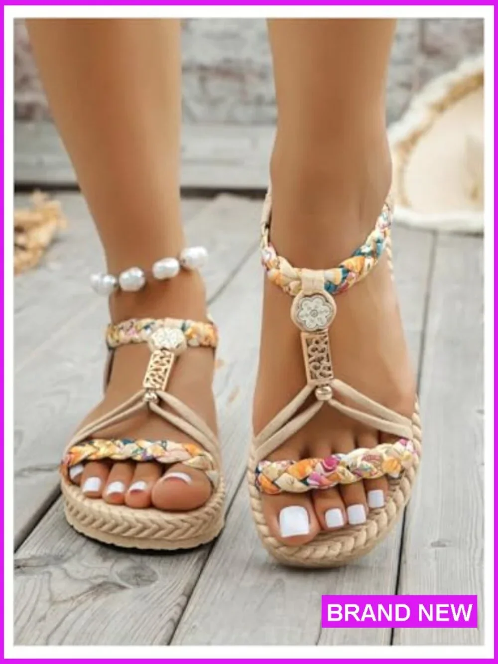 Woven Sandals Floral Print Open Toe Vacation Beach Flat Shoes Ankle Strap